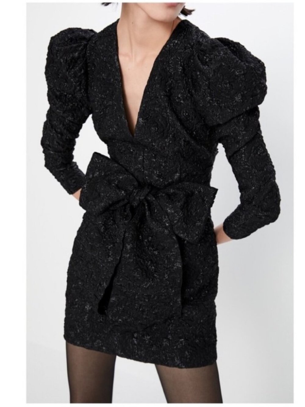 Zara Black Puff Sleeves Textured Mini Dress